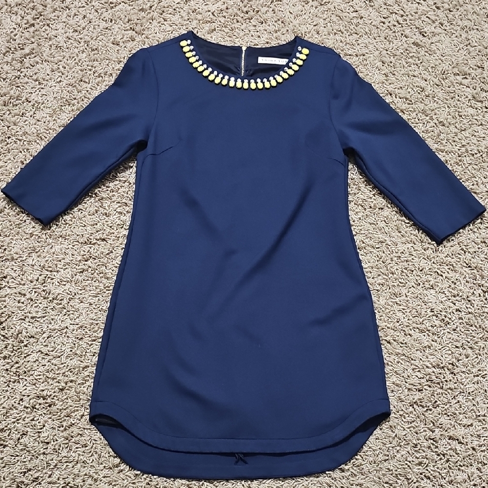 Trina Turk Shift Dress Navy Blue Beaded Neckline 6 Medium